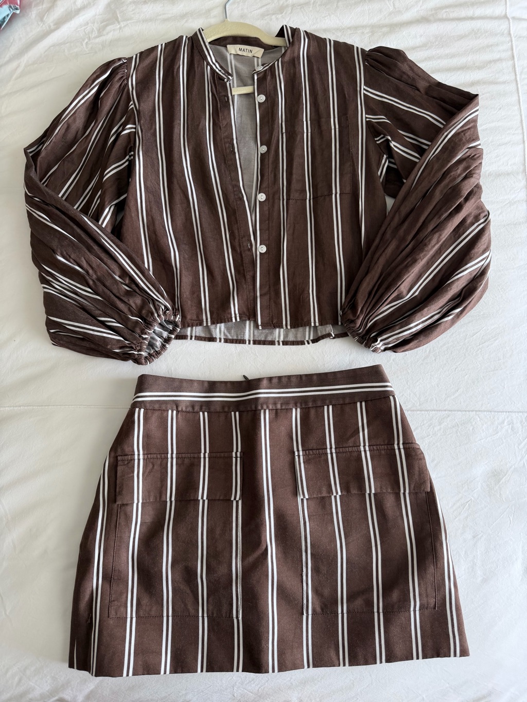 Matin Striped Brown Two-Piece Set - Button Front Top & Mini Skirt
